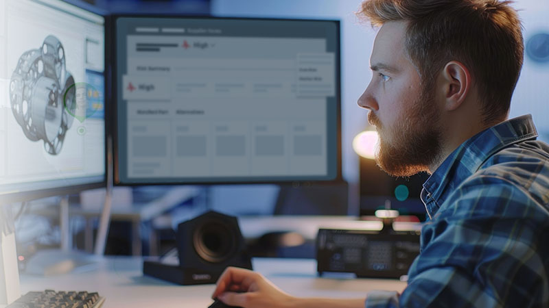 Image-Designer working on a computer designing a new electronic device, while looking up component options.