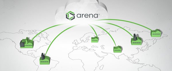 Thrive Anytime - Arean logo over the globe with arrows curving down to manufacturers on every continent.